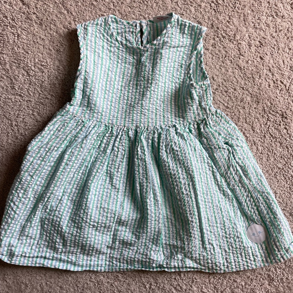 Smiling Button green/blue/white seersucker dress.